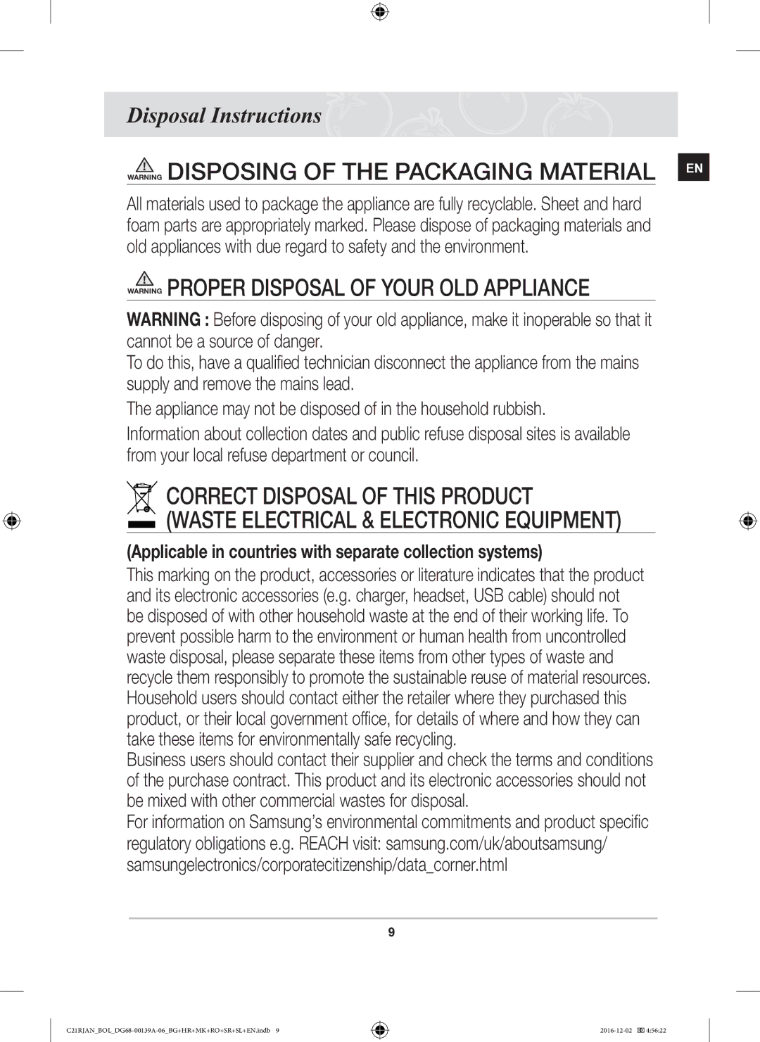 Samsung C21RJAN/BOL manual Disposal Instructions, Applicable in countries with separate collection systems 