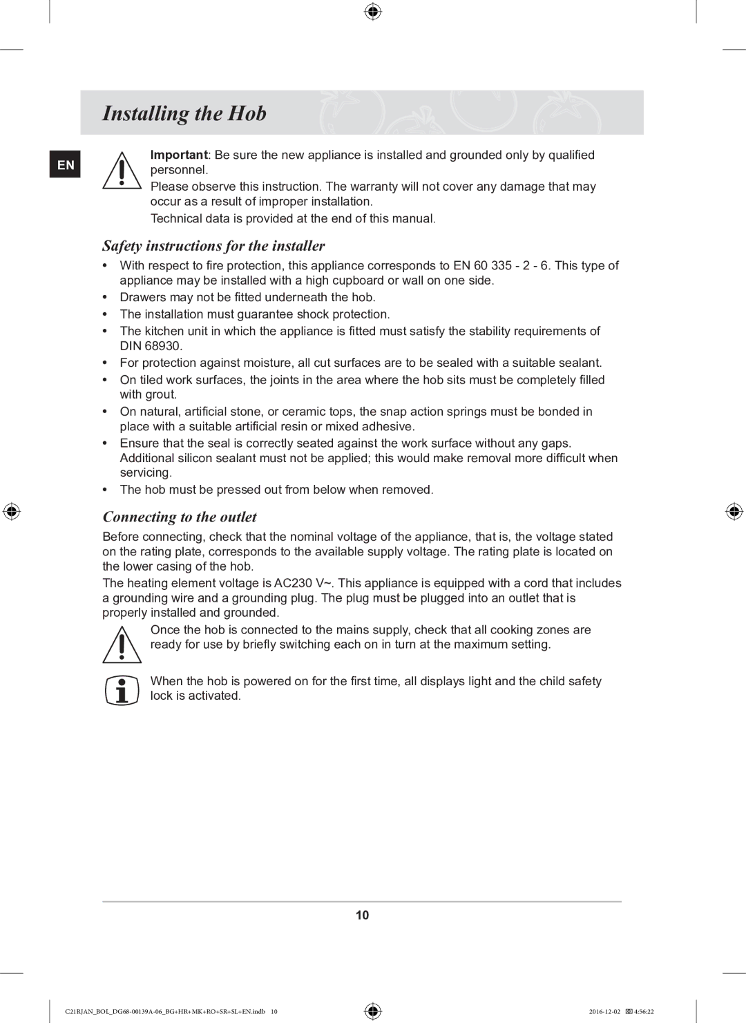 Samsung C21RJAN/BOL manual Installing the Hob, Safety instructions for the installer, Connecting to the outlet 