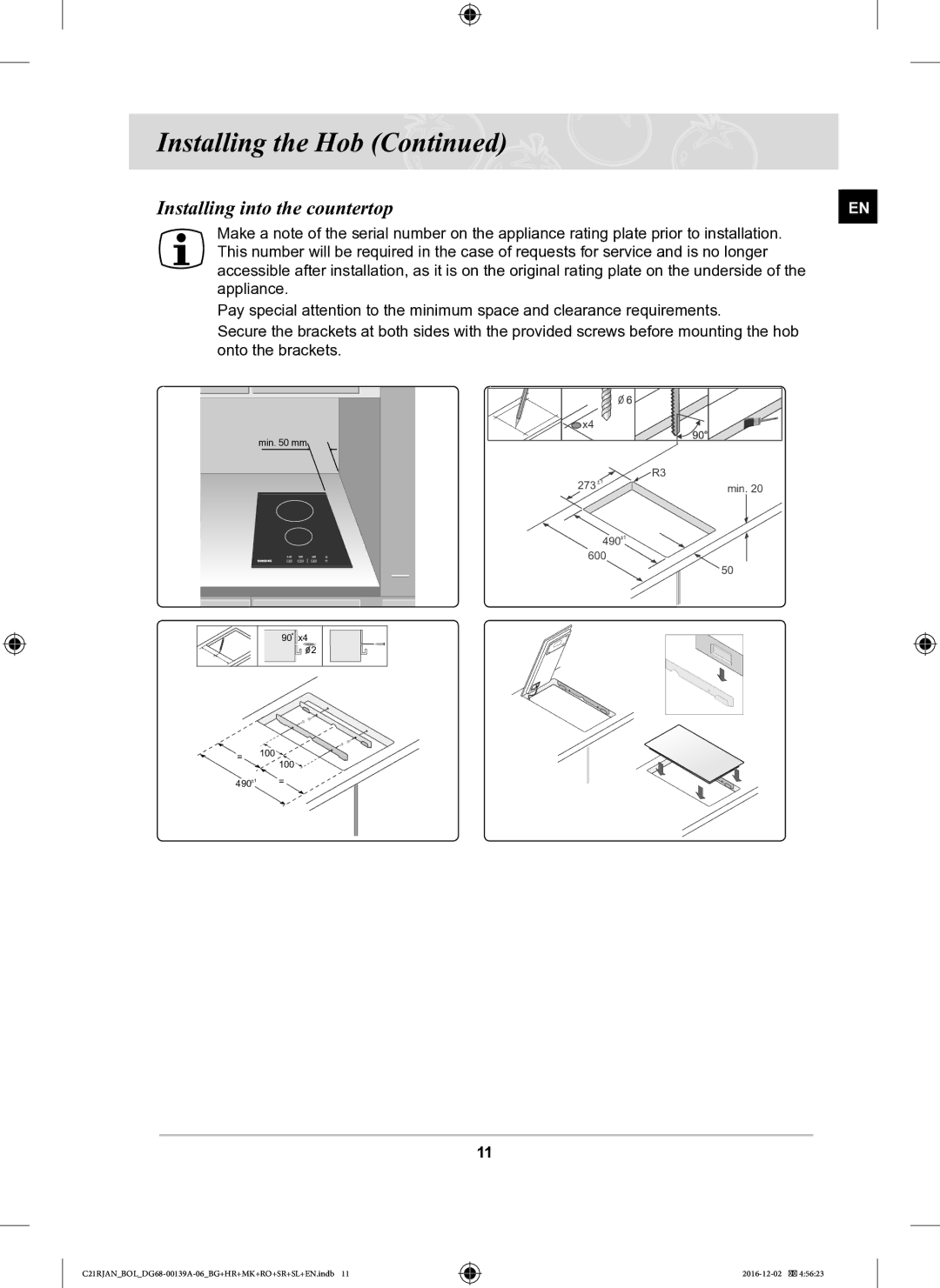 Samsung C21RJAN/BOL manual Installing into the countertop 