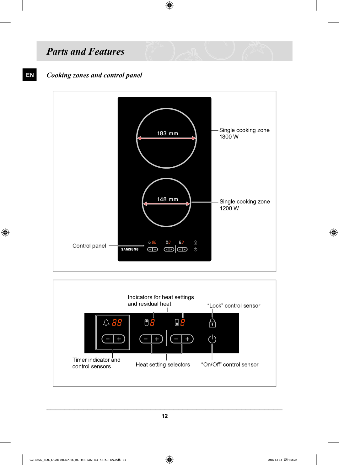 Samsung C21RJAN/BOL manual Parts and Features, EN Cooking zones and control panel 