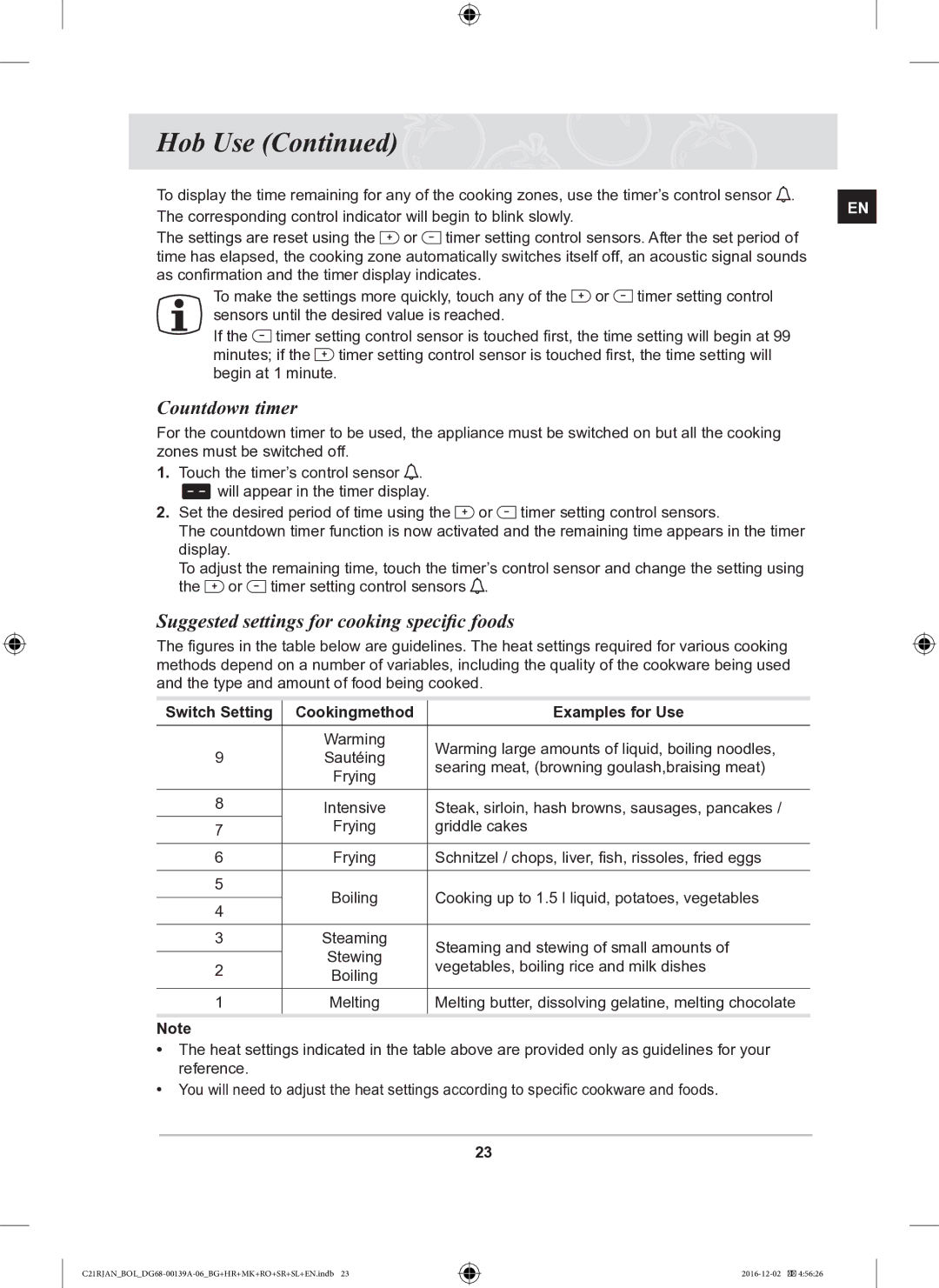 Samsung C21RJAN/BOL manual Countdown timer, Suggested settings for cooking specific foods 