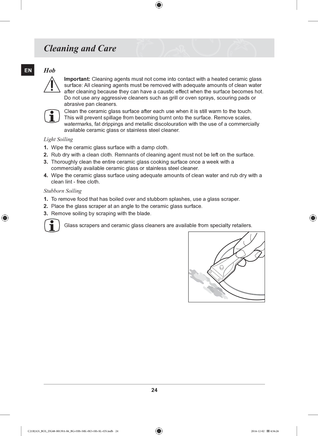 Samsung C21RJAN/BOL manual Cleaning and Care, EN Hob 