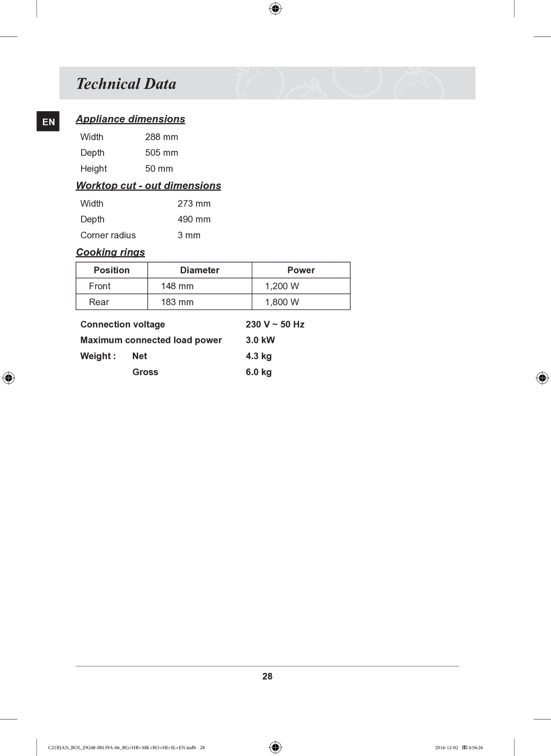 Samsung C21RJAN/BOL manual Technical Data, Appliance dimensions, Worktop cut out dimensions, Cooking rings 