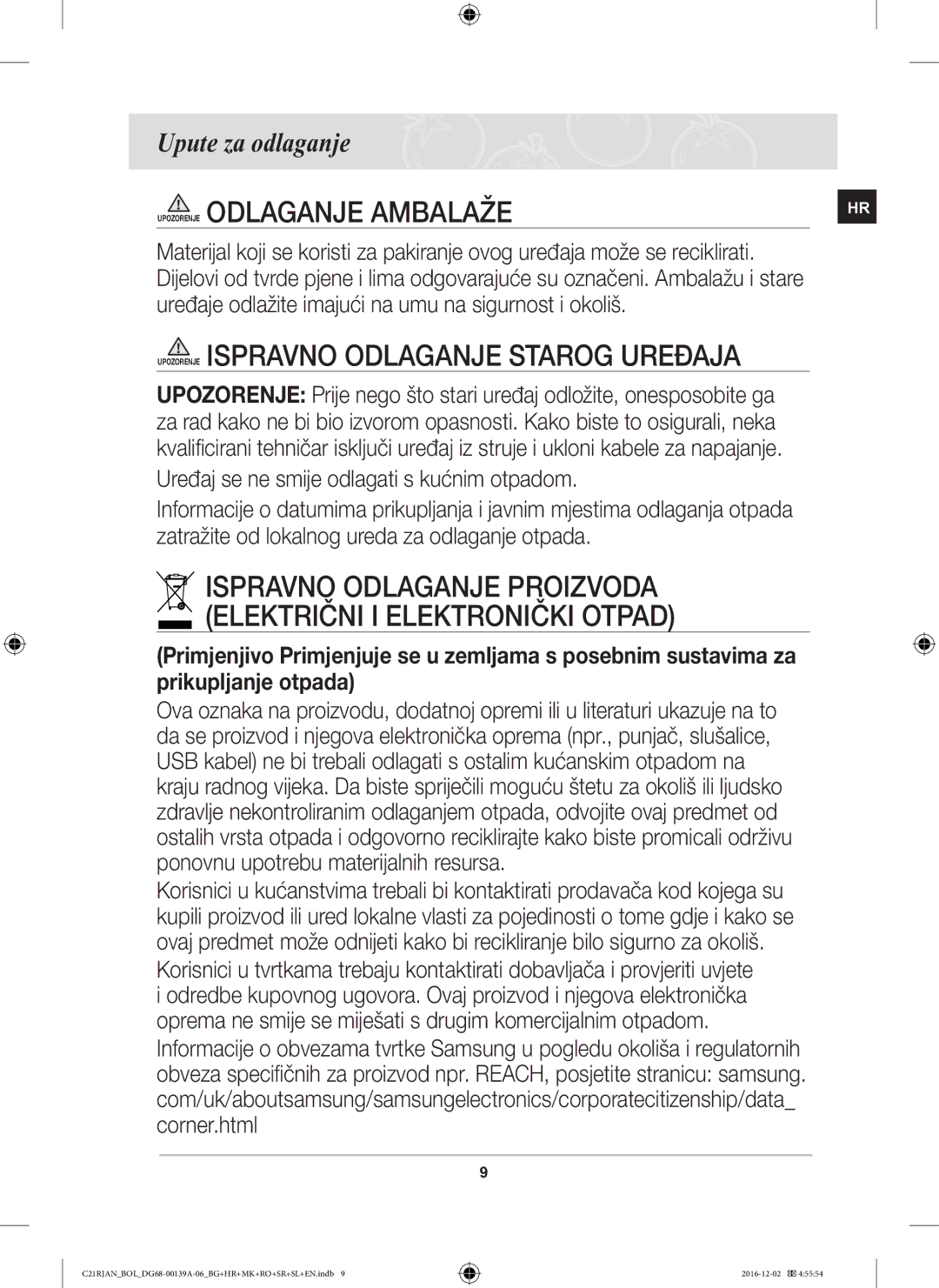 Samsung C21RJAN/BOL manual Odlaganje Ambalaže, Upute za odlaganje 