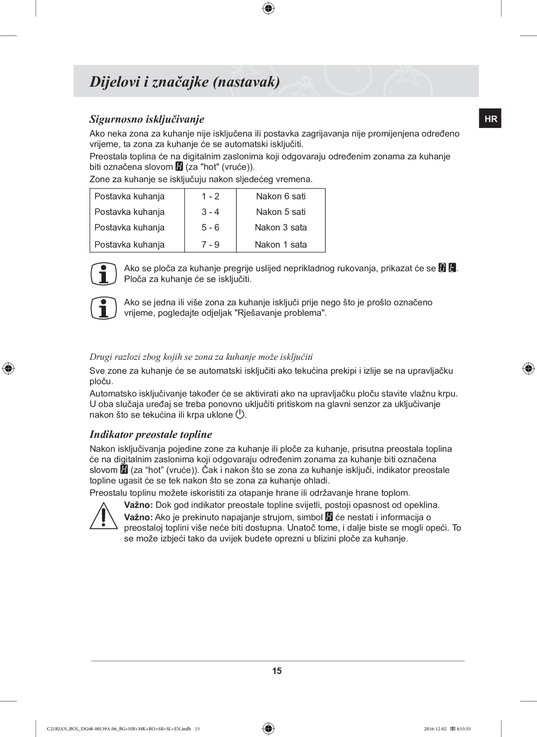 Samsung C21RJAN/BOL manual Sigurnosno isključivanje, Indikator preostale topline 