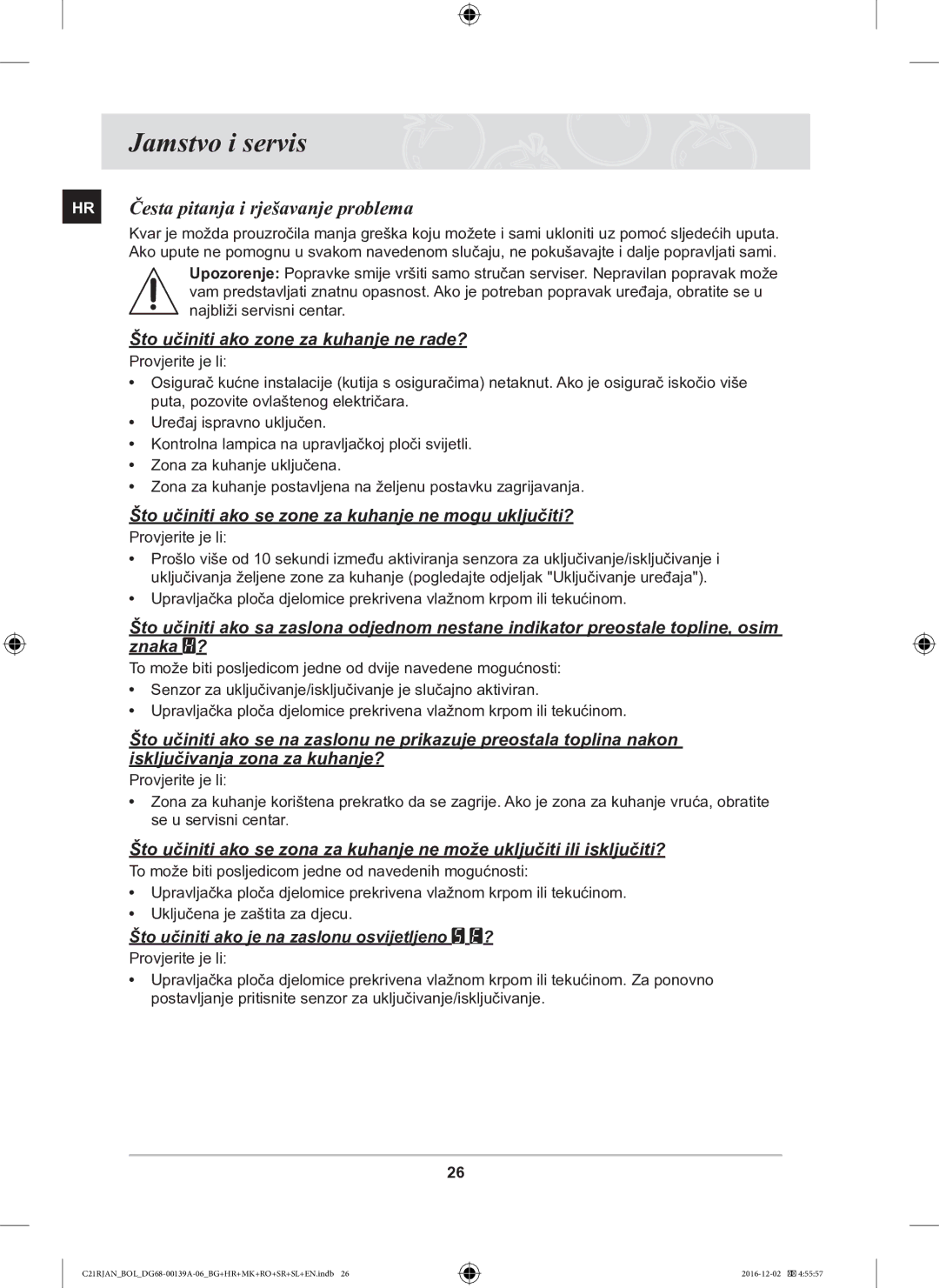 Samsung C21RJAN/BOL Jamstvo i servis, HR Česta pitanja i rješavanje problema, Što učiniti ako zone za kuhanje ne rade? 