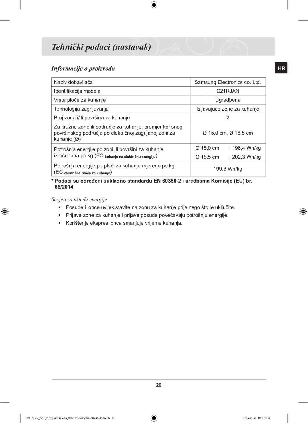 Samsung C21RJAN/BOL manual Tehnički podaci nastavak, Informacije o proizvodu 