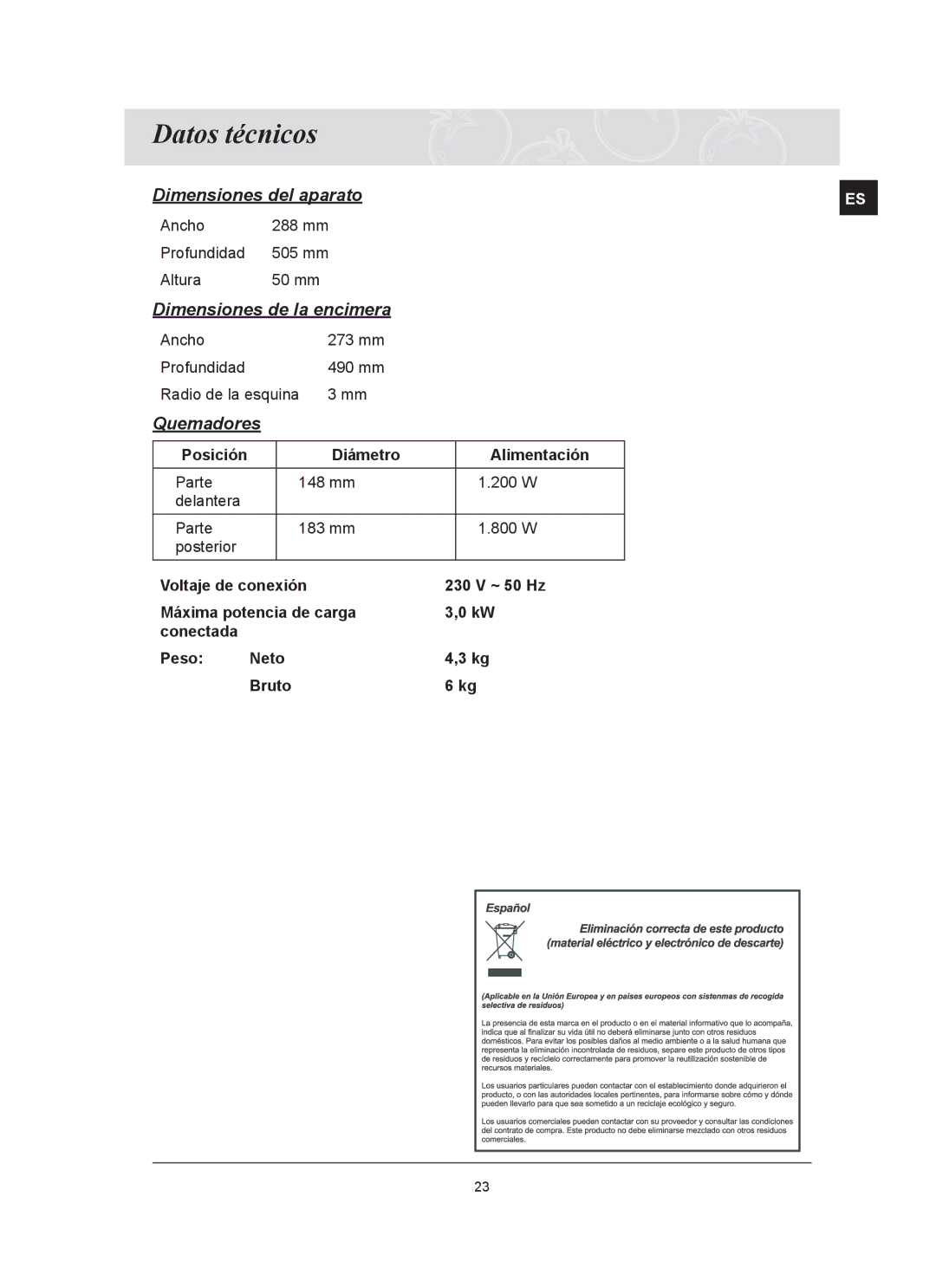 Samsung C21RJAN/XEC manual Datos técnicos, Quemadores 