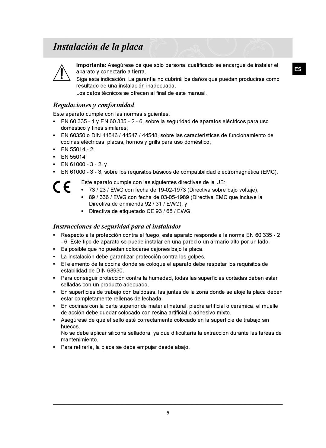 Samsung C21RJAN/XEC Instalación de la placa, Regulaciones y conformidad, Instrucciones de seguridad para el instalador 