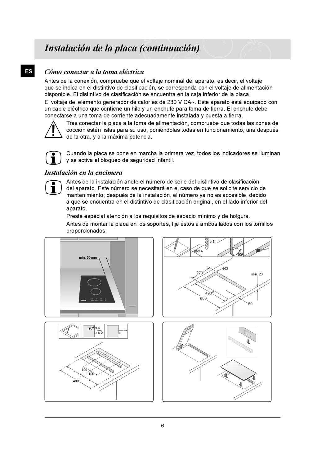 Samsung C21RJAN/XEC Instalación de la placa continuación, ES Cómo conectar a la toma eléctrica, Instalación en la encimera 