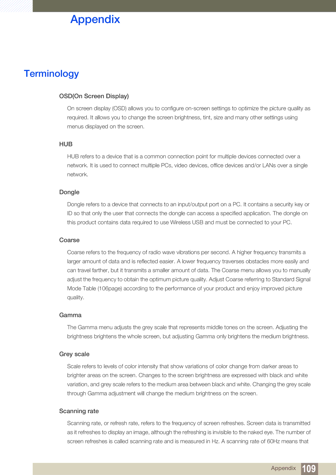 Samsung C27A650X, C24A650X, C24A650U, C27A650U user manual Terminology, OSDOn Screen Display 