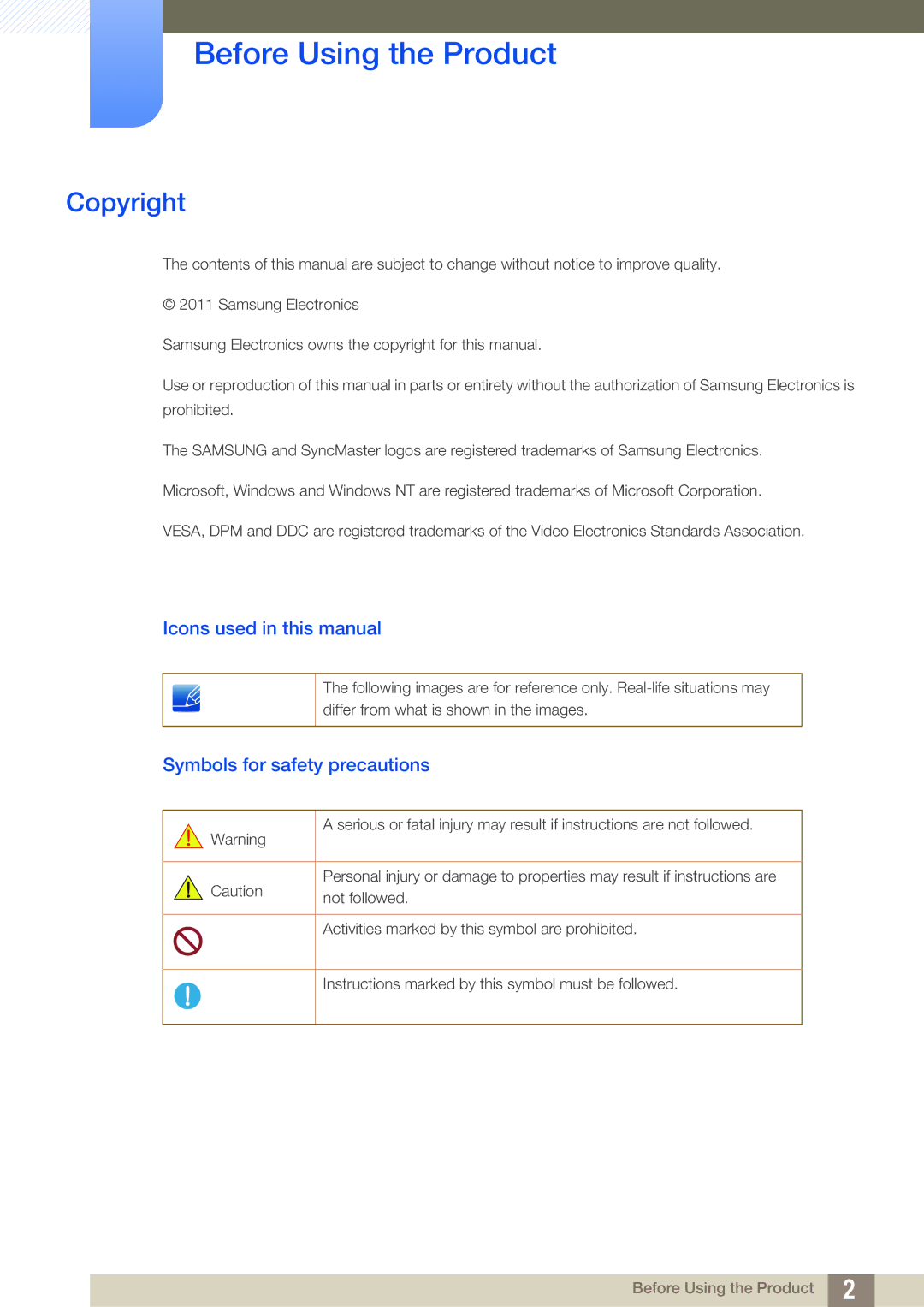 Samsung C24A650U, C24A650X Before Using the Product, Copyright, Icons used in this manual, Symbols for safety precautions 