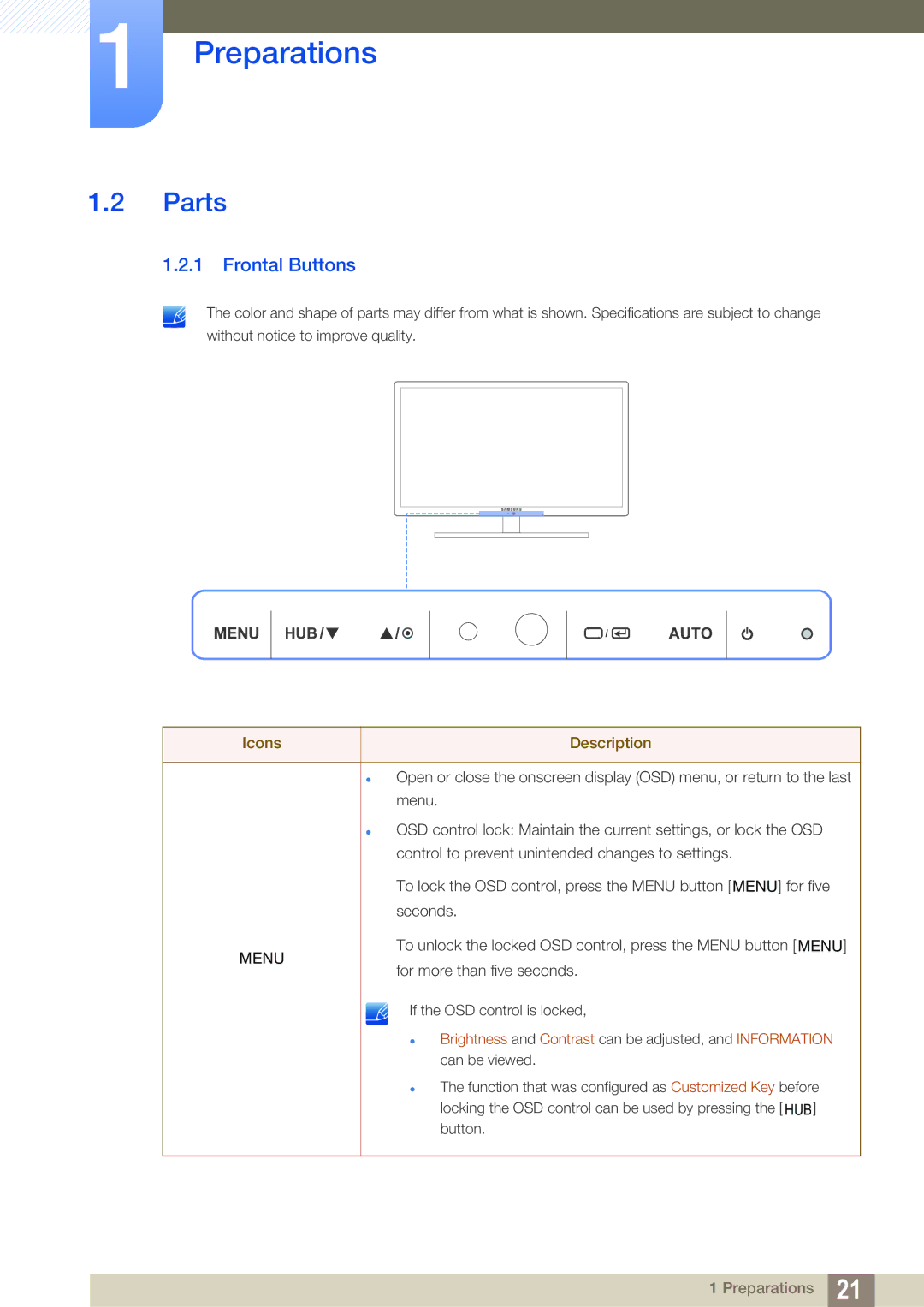 Samsung C27A650X, C24A650X, C24A650U, C27A650U user manual Parts, Frontal Buttons 