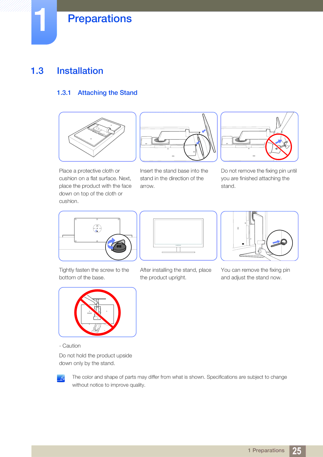 Samsung C27A650X, C24A650X, C24A650U, C27A650U user manual Installation, Attaching the Stand 