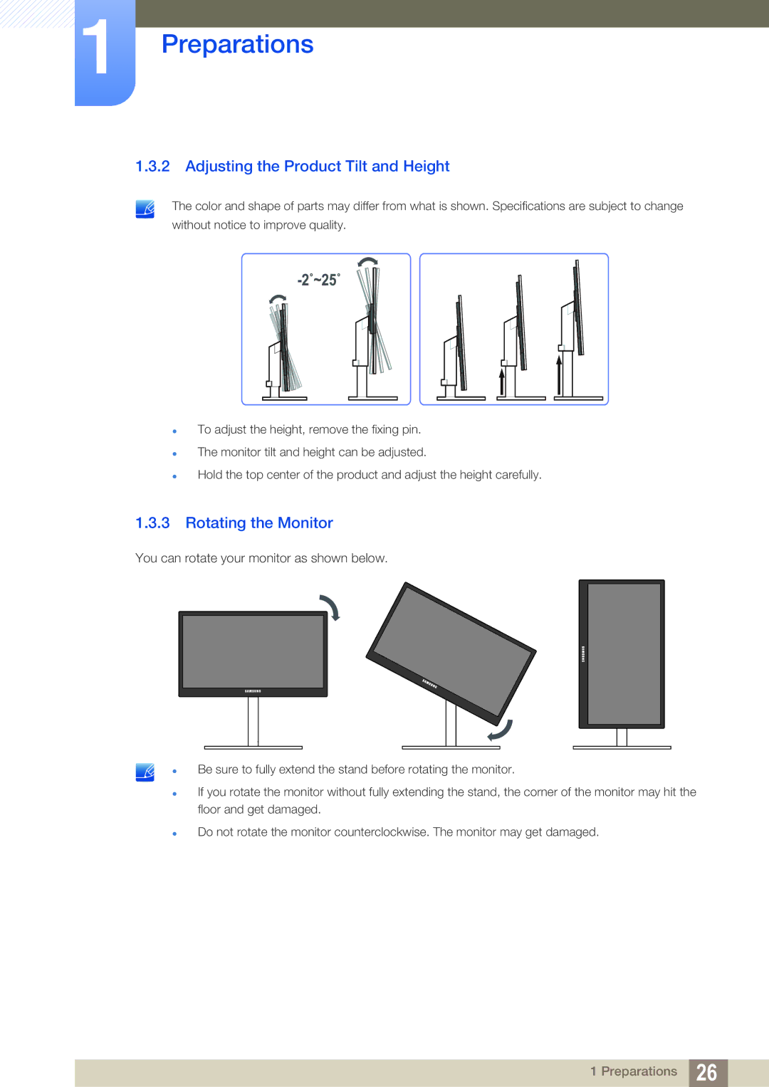 Samsung C24A650U, C24A650X, C27A650X, C27A650U user manual Adjusting the Product Tilt and Height, Rotating the Monitor 