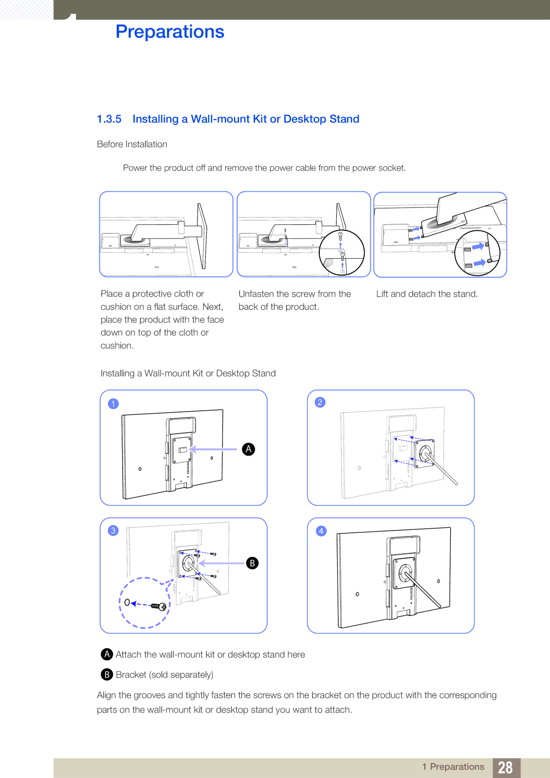 Samsung C24A650X, C27A650X, C24A650U, C27A650U user manual Installing a Wall-mount Kit or Desktop Stand 