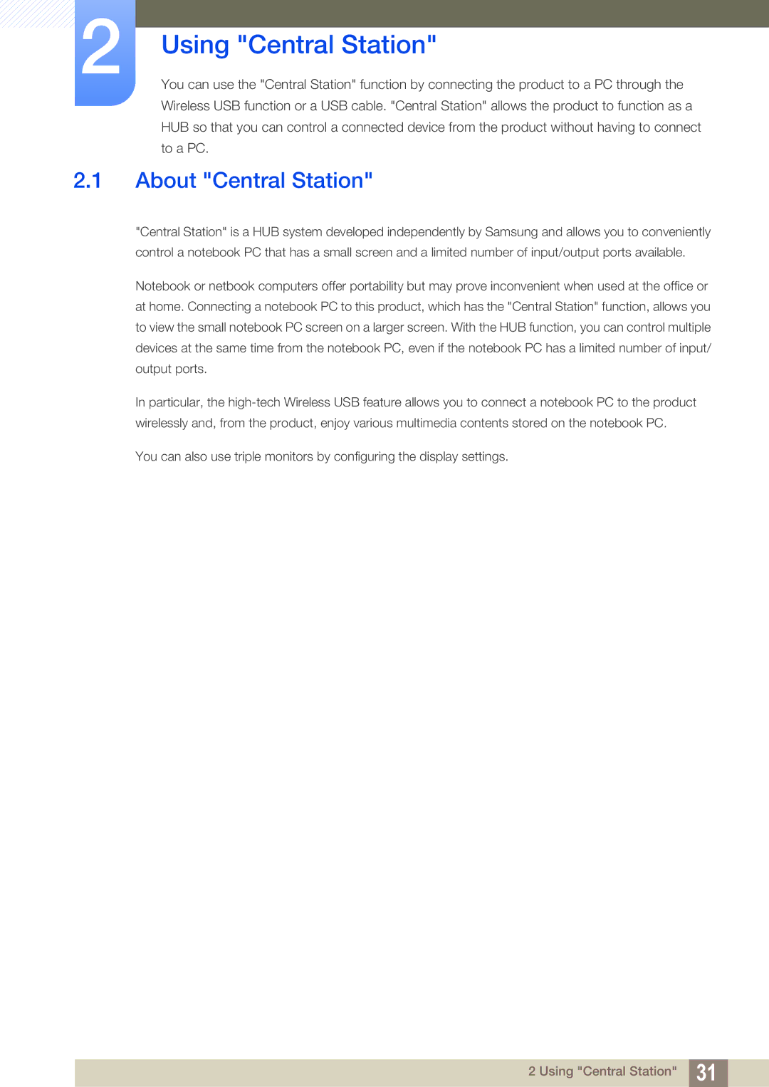 Samsung C27A650U, C24A650X, C27A650X, C24A650U user manual Using Central Station, About Central Station 