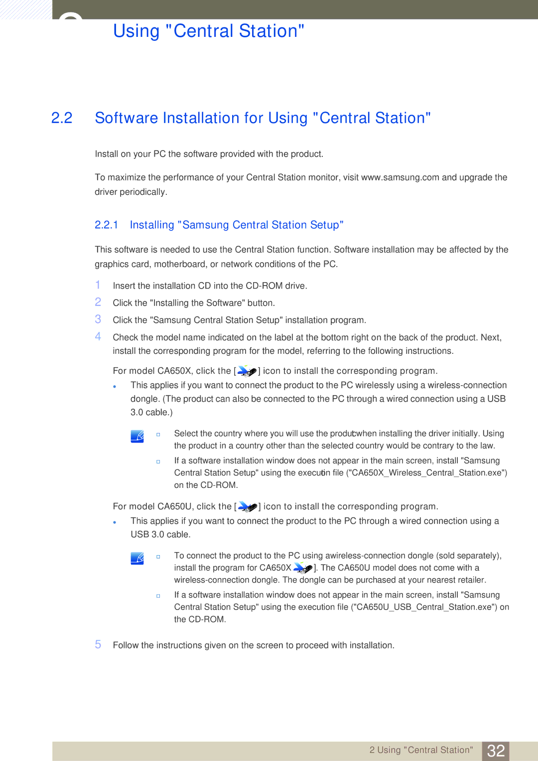 Samsung C24A650X, C27A650X Software Installation for Using Central Station, Installing Samsung Central Station Setup 