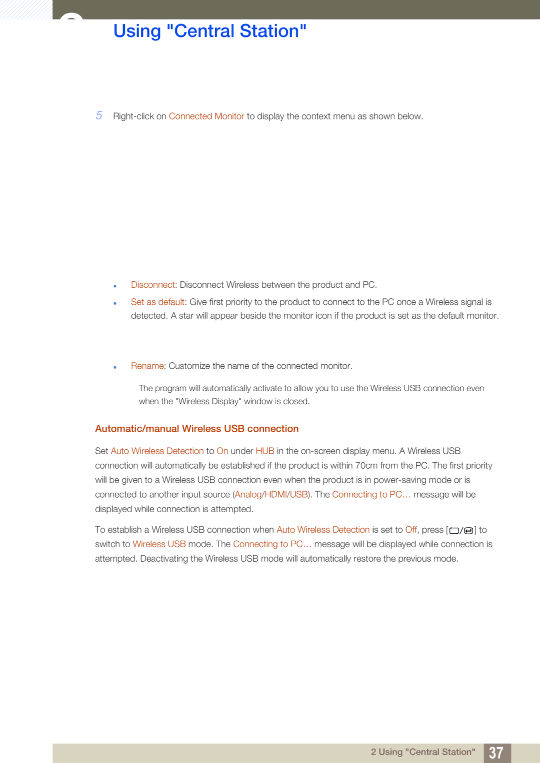 Samsung C27A650X, C24A650X, C24A650U, C27A650U user manual Automatic/manual Wireless USB connection 