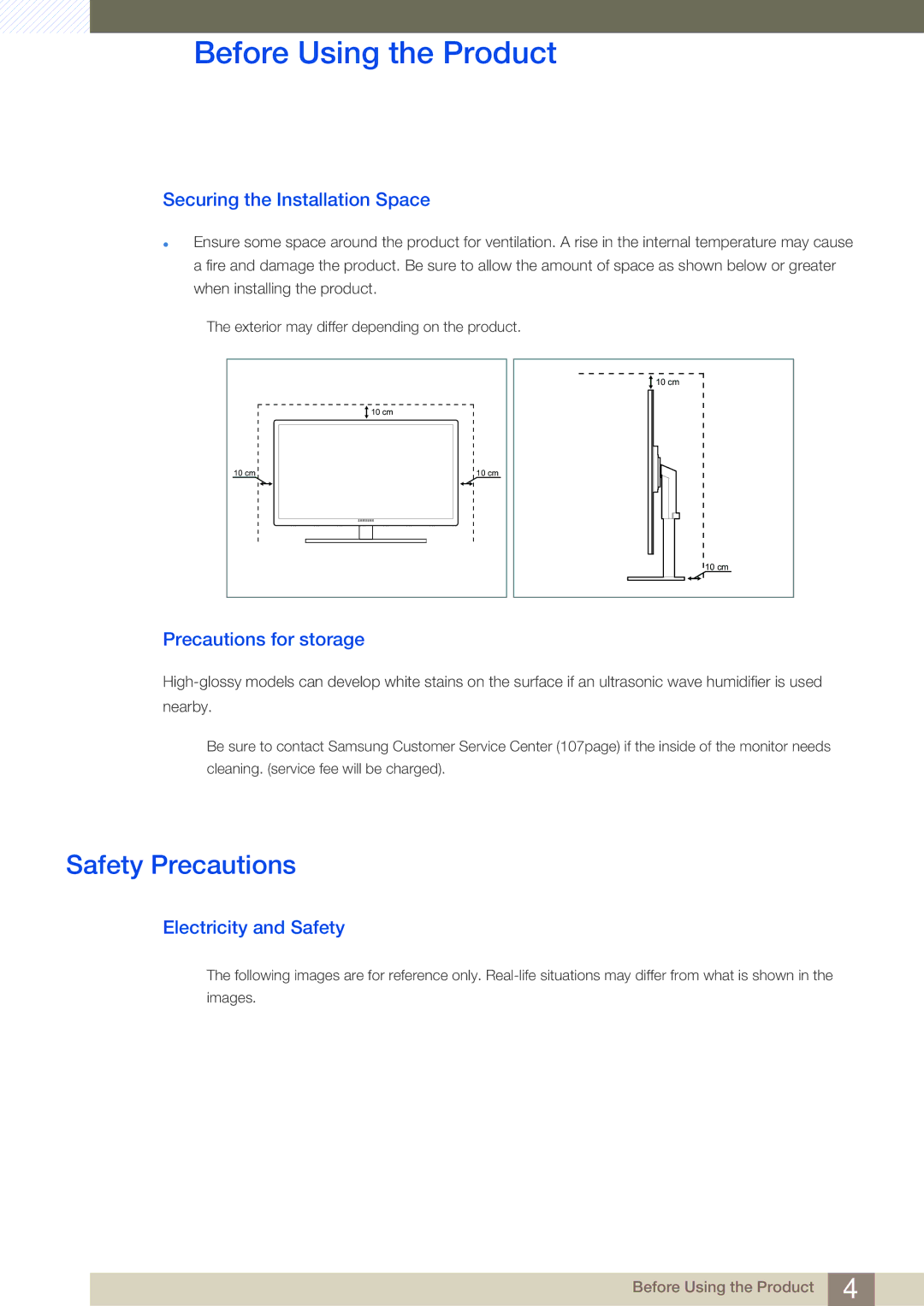 Samsung C24A650X Safety Precautions, Securing the Installation Space, Precautions for storage, Electricity and Safety 