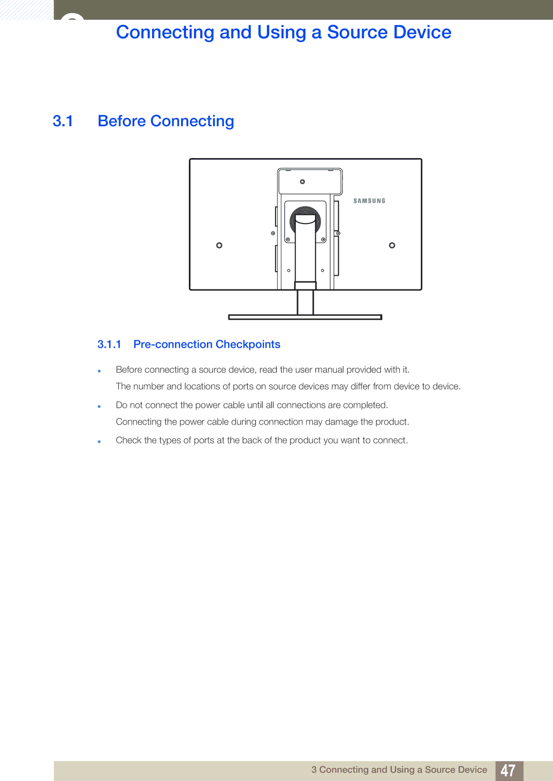 Samsung C27A650U, C24A650X, C27A650X Connecting and Using a Source Device, Before Connecting, Pre-connection Checkpoints 