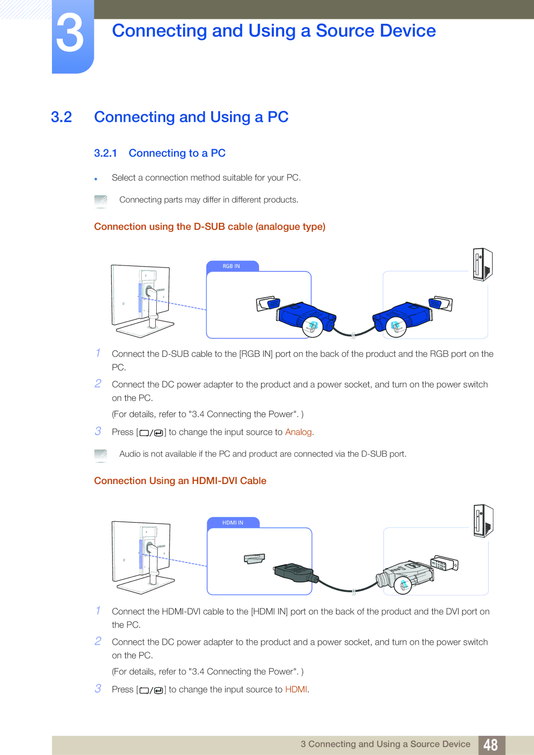 Samsung C24A650X, C27A650X Connecting and Using a PC, Connecting to a PC, Connection using the D-SUB cable analogue type 