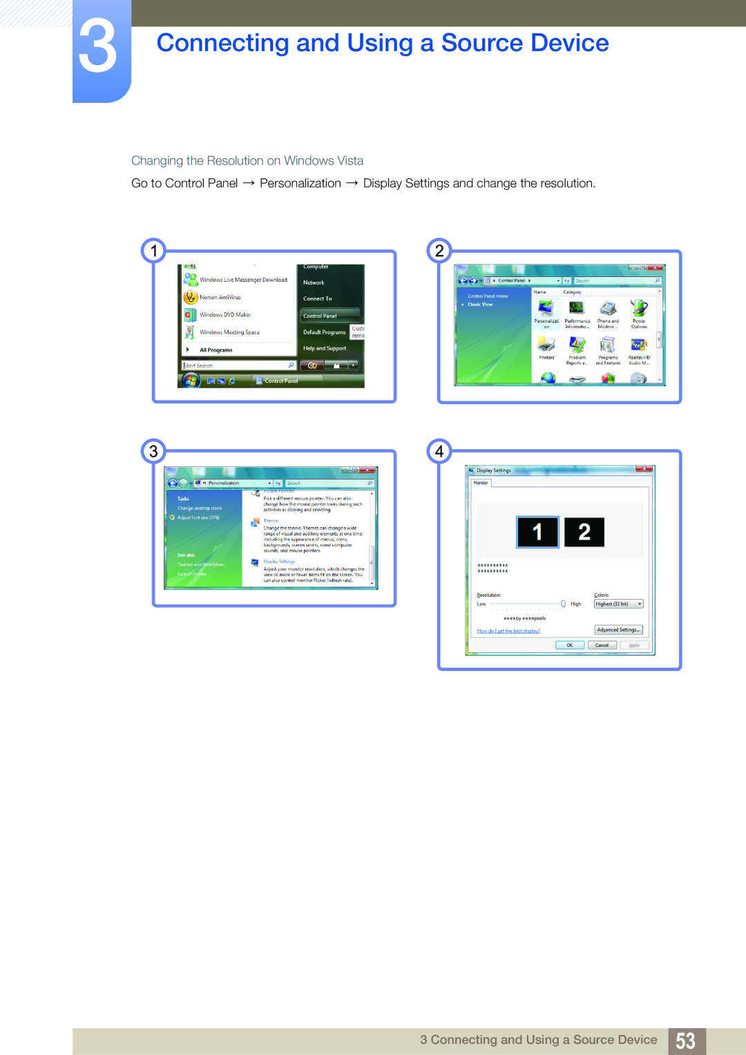 Samsung C27A650X, C24A650X, C24A650U, C27A650U user manual Changing the Resolution on Windows Vista 