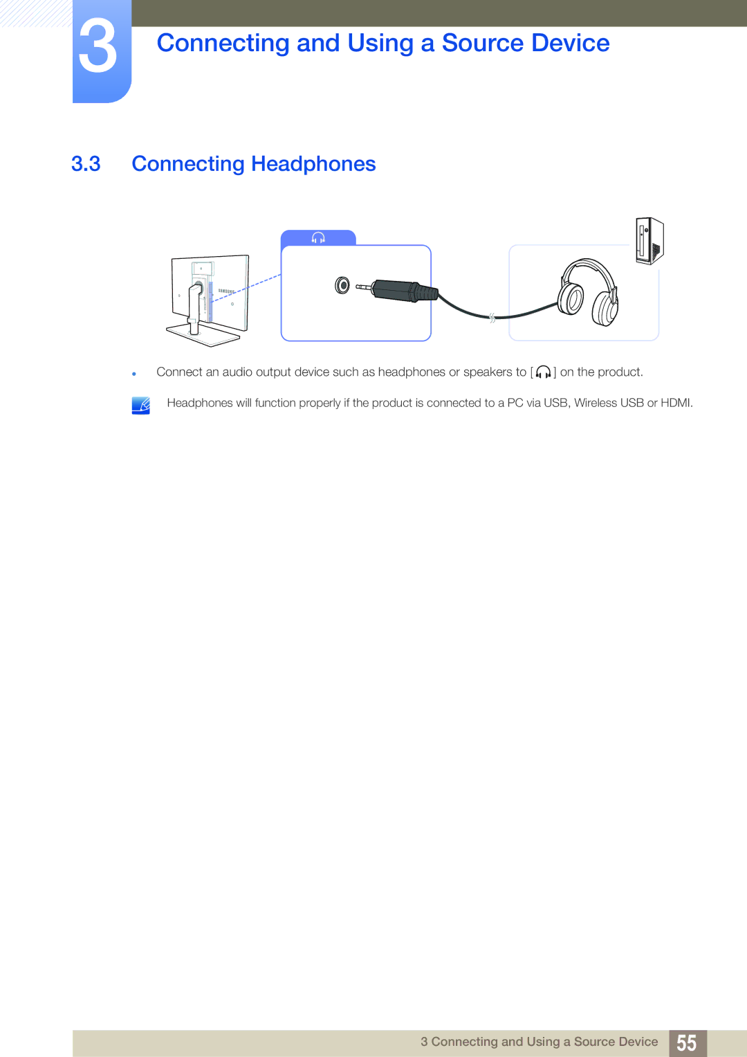 Samsung C27A650U, C24A650X, C27A650X, C24A650U user manual Connecting Headphones 