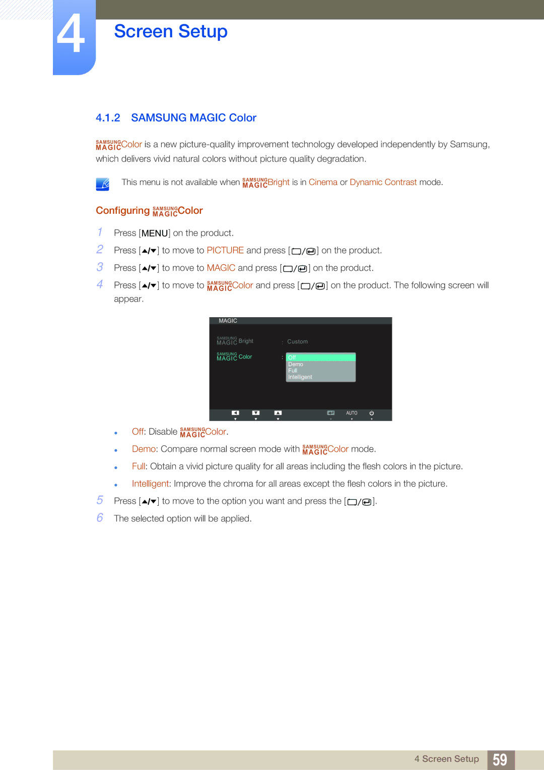 Samsung C27A650U, C24A650X, C27A650X, C24A650U user manual Samsung Magic Color, Configuring MAGICSAMSUNGColor 