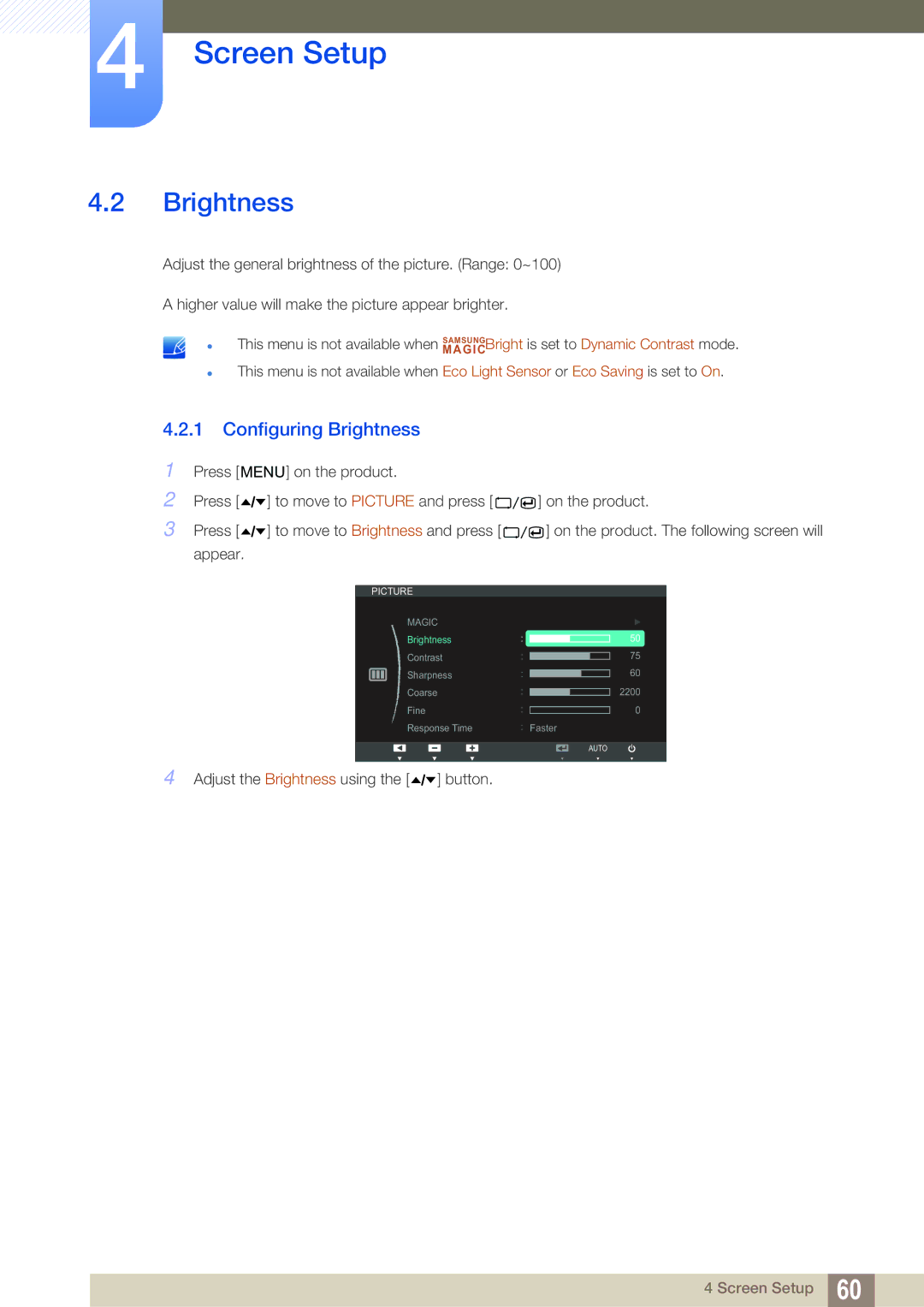 Samsung C24A650X, C27A650X, C24A650U, C27A650U user manual Configuring Brightness 