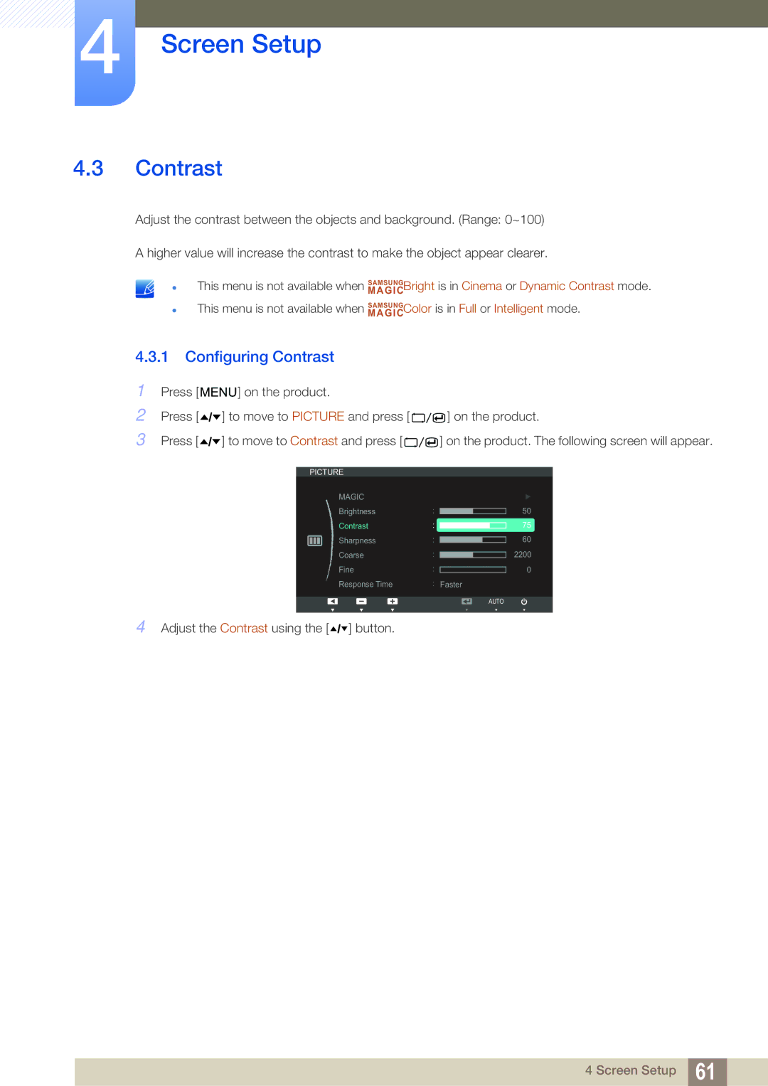 Samsung C27A650X, C24A650X, C24A650U, C27A650U user manual Configuring Contrast 