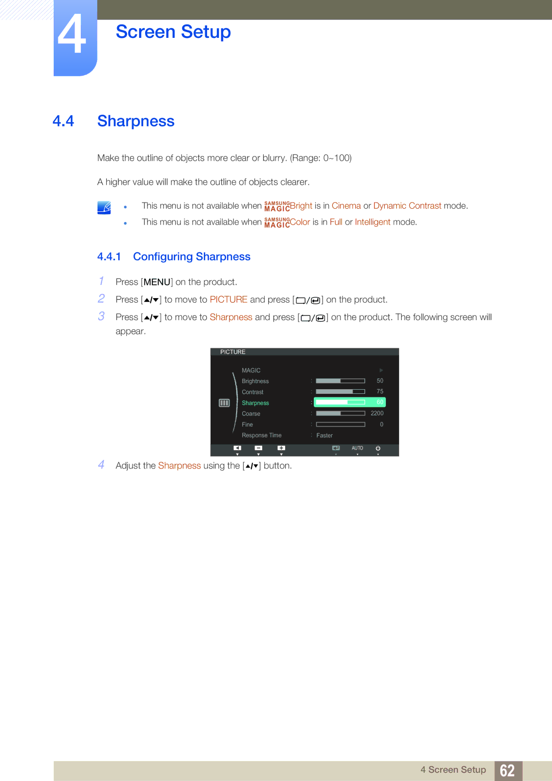 Samsung C24A650U, C24A650X, C27A650X, C27A650U user manual Configuring Sharpness 