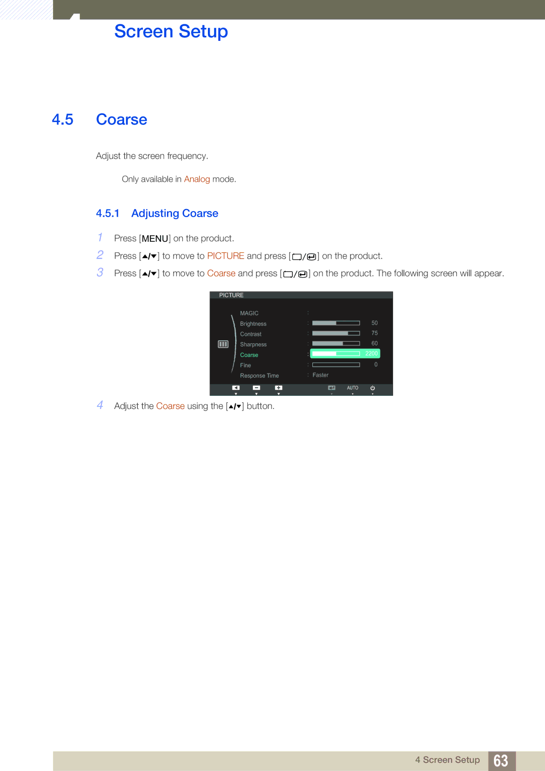 Samsung C27A650U, C24A650X, C27A650X, C24A650U user manual Adjusting Coarse 