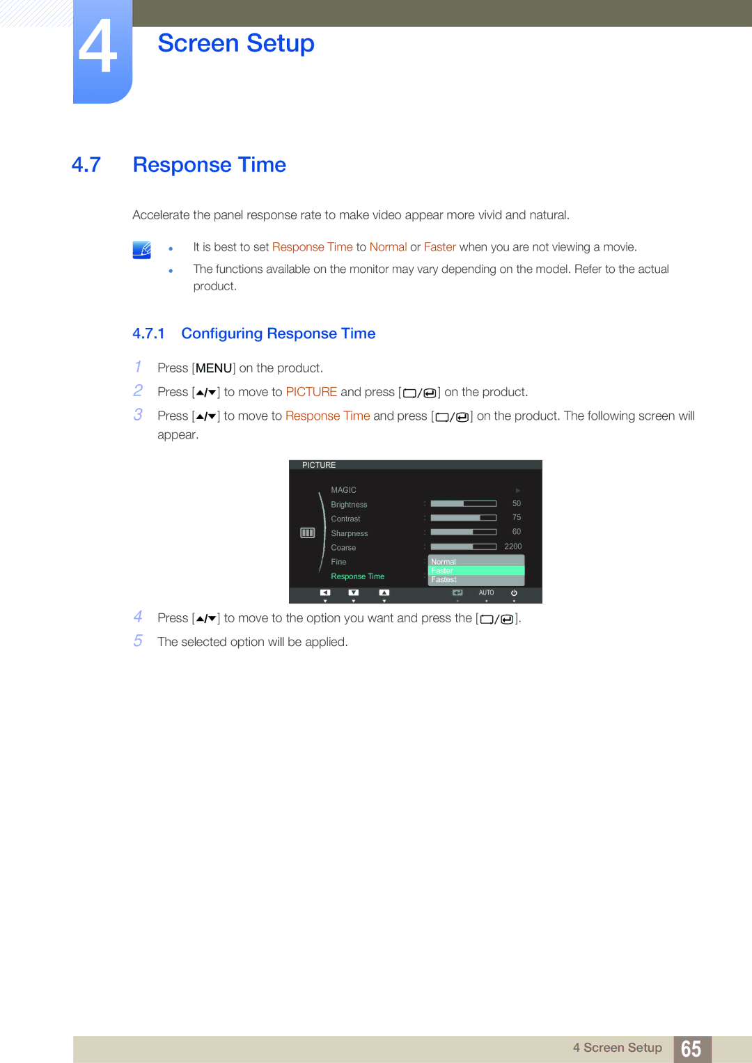 Samsung C27A650X, C24A650X, C24A650U, C27A650U user manual Configuring Response Time 