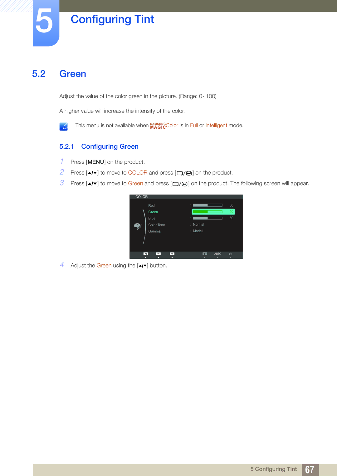 Samsung C27A650U, C24A650X, C27A650X, C24A650U user manual Configuring Green 