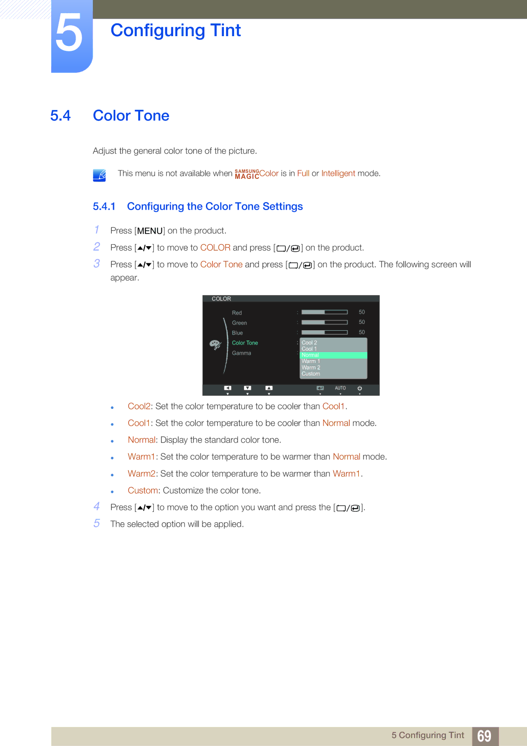 Samsung C27A650X, C24A650X, C24A650U, C27A650U user manual Configuring the Color Tone Settings 