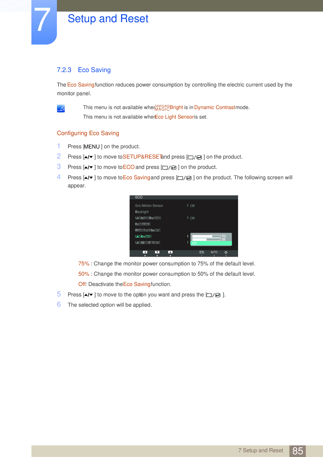 Samsung C27A650X, C24A650X, C24A650U, C27A650U user manual Configuring Eco Saving 