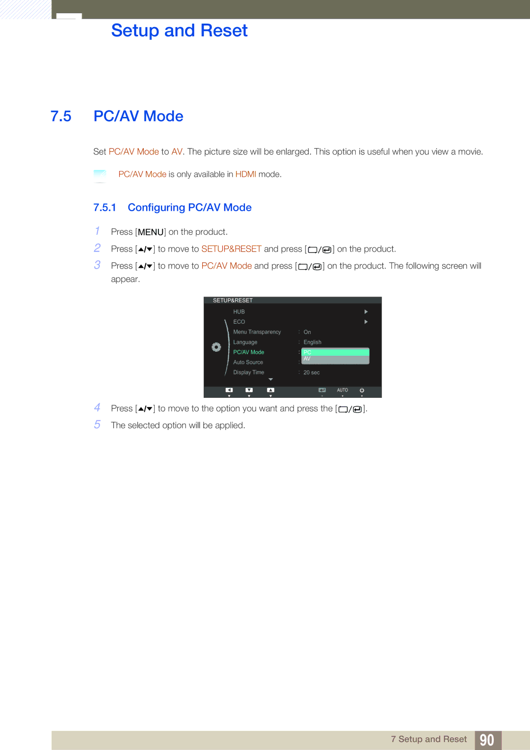 Samsung C24A650U, C24A650X, C27A650X, C27A650U user manual Configuring PC/AV Mode 