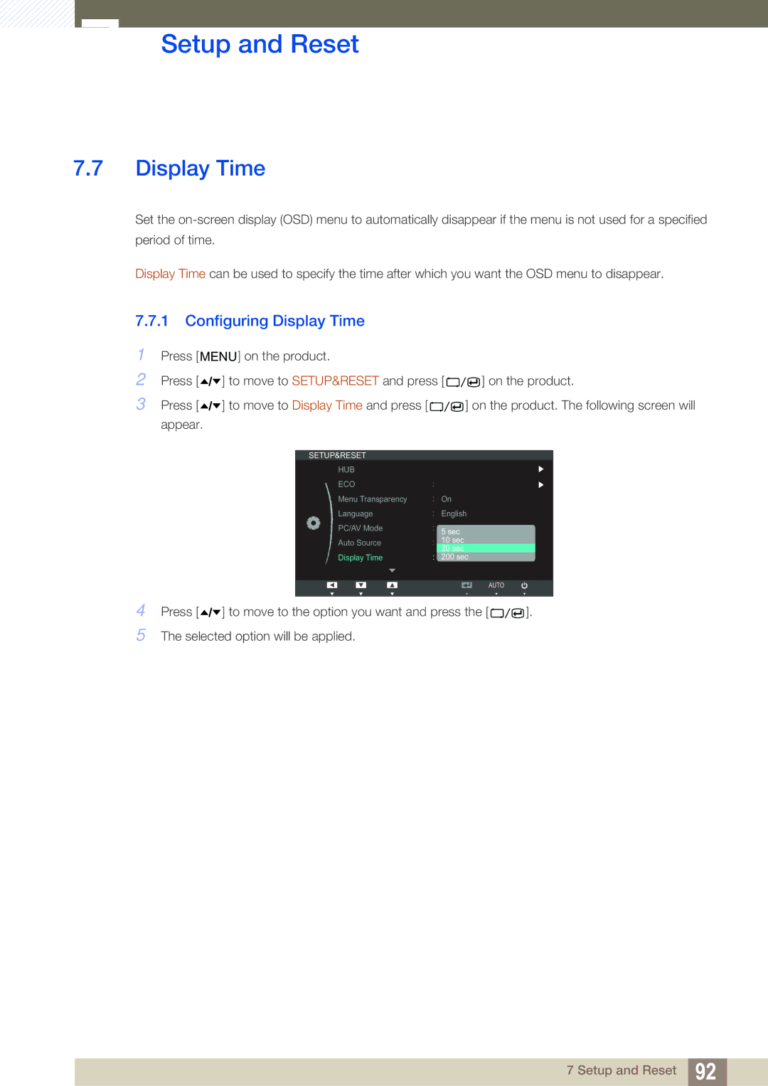 Samsung C24A650X, C27A650X, C24A650U, C27A650U user manual Configuring Display Time 