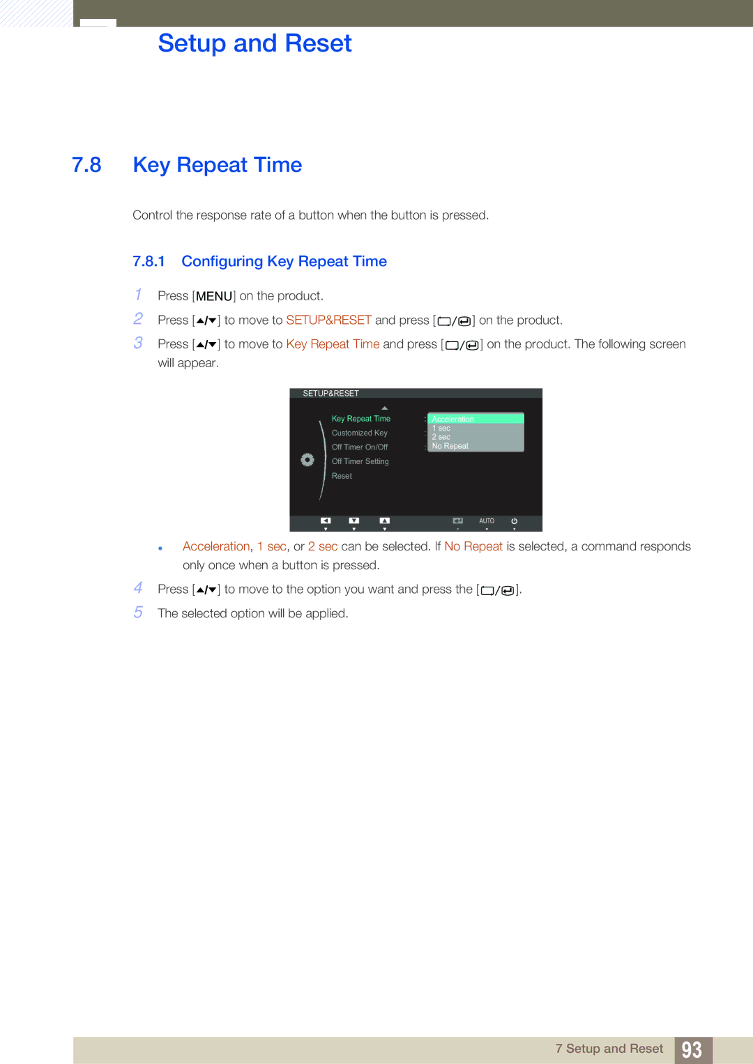 Samsung C27A650X, C24A650X, C24A650U, C27A650U user manual Configuring Key Repeat Time 