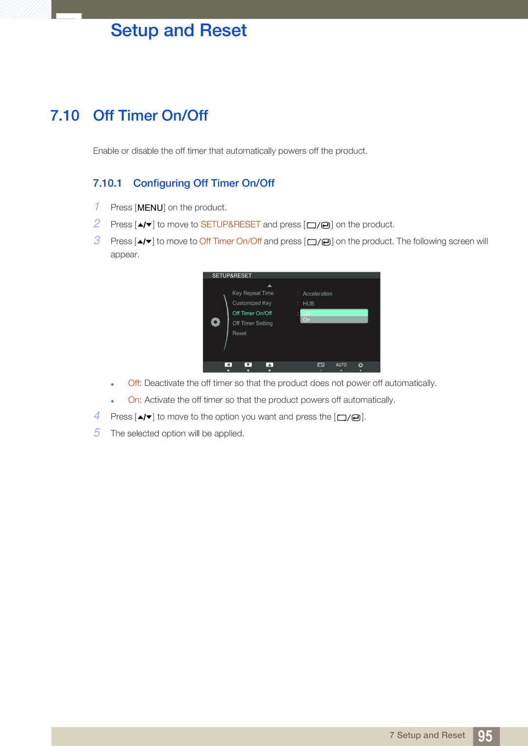 Samsung C27A650U, C24A650X, C27A650X, C24A650U user manual Configuring Off Timer On/Off 