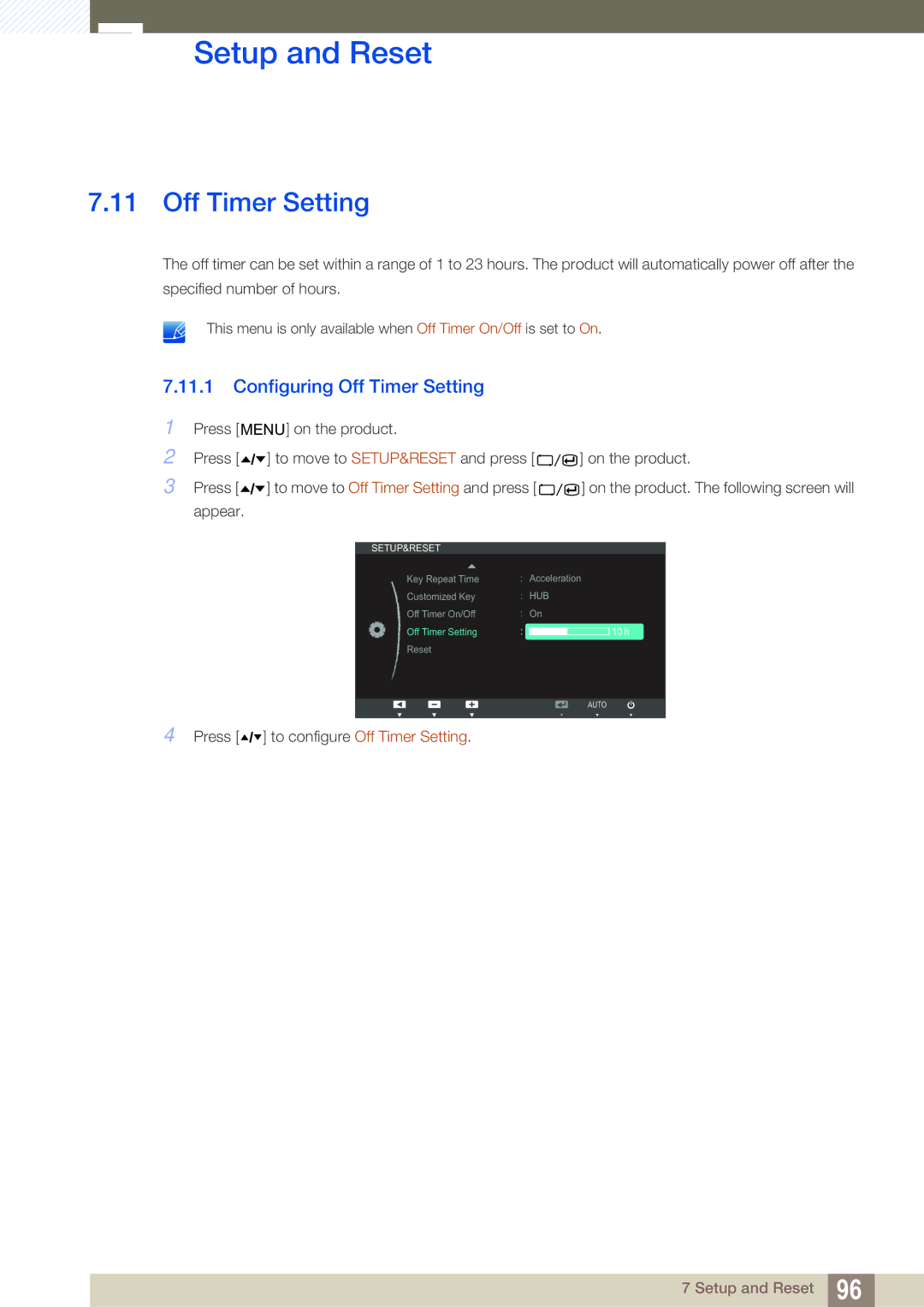 Samsung C24A650X, C27A650X, C24A650U, C27A650U user manual Configuring Off Timer Setting 