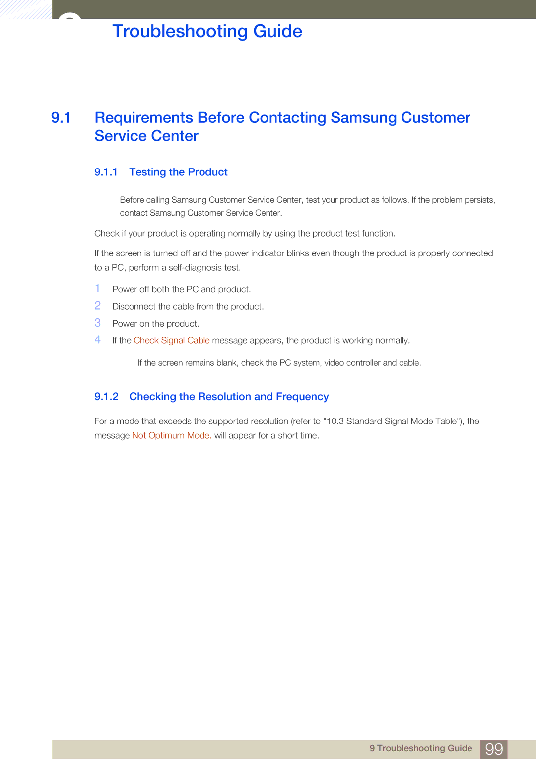 Samsung C27A650U, C24A650X, C27A650X Troubleshooting Guide, Testing the Product, Checking the Resolution and Frequency 