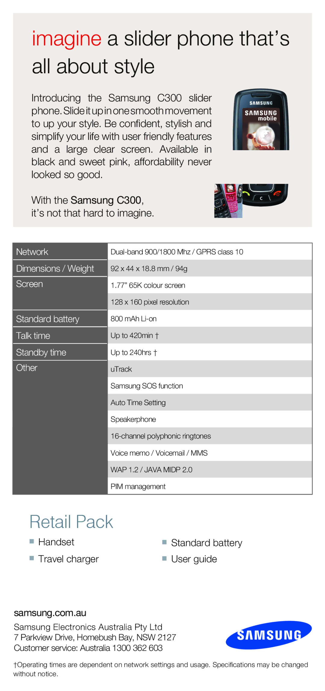 Samsung C300 manual Imagine a slider phone that’s all about style, Retail Pack 