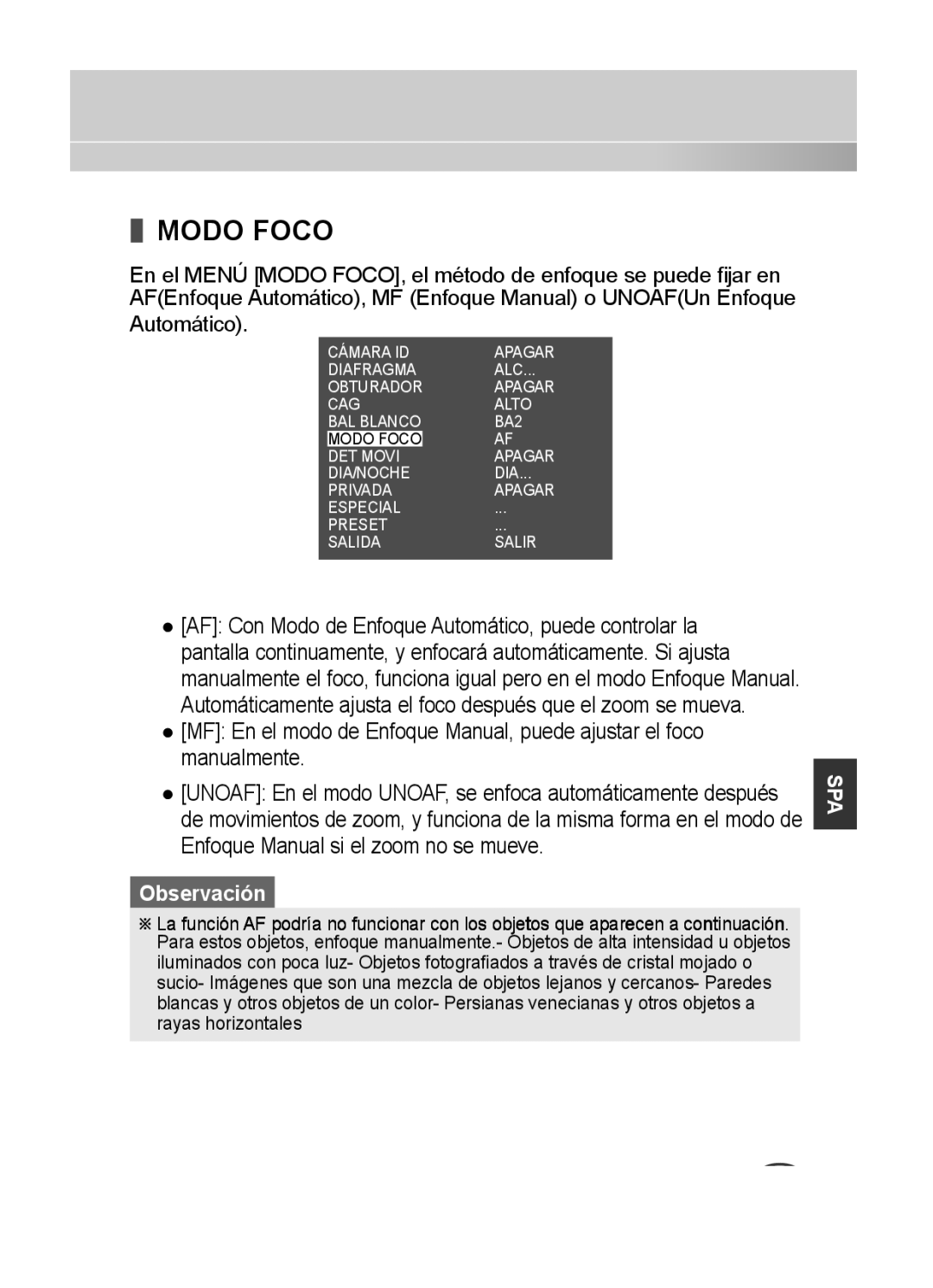 Samsung C4235(P), C4333(P), C4335(P) user manual Modo Foco, Enfoque Manual si el zoom no se mueve 