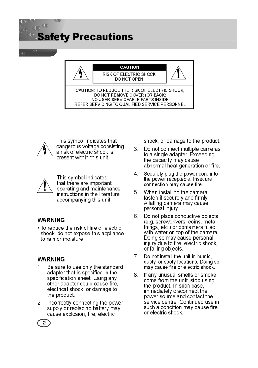 Samsung C4235(P), C4333(P) Safety Precautions, Shock, or damage to the product, Falling camera may cause personal injury 