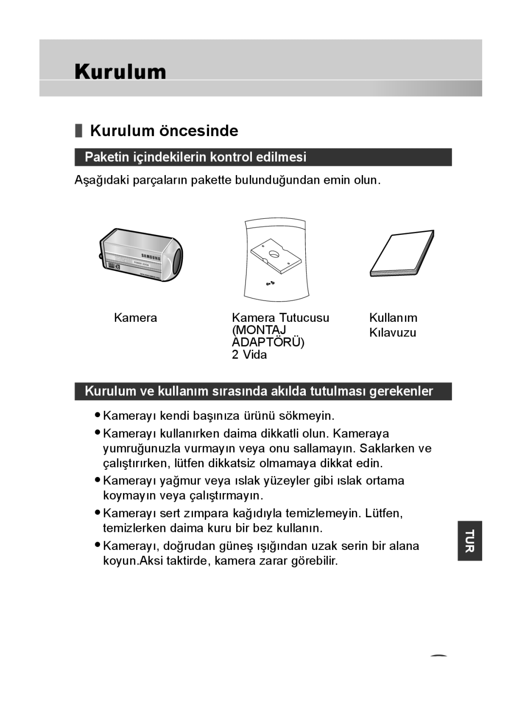 Samsung C4335(P), C4333(P), C4235(P) Kurulum öncesinde, Paketin içindekilerin kontrol edilmesi, Kılavuzu, Vida 