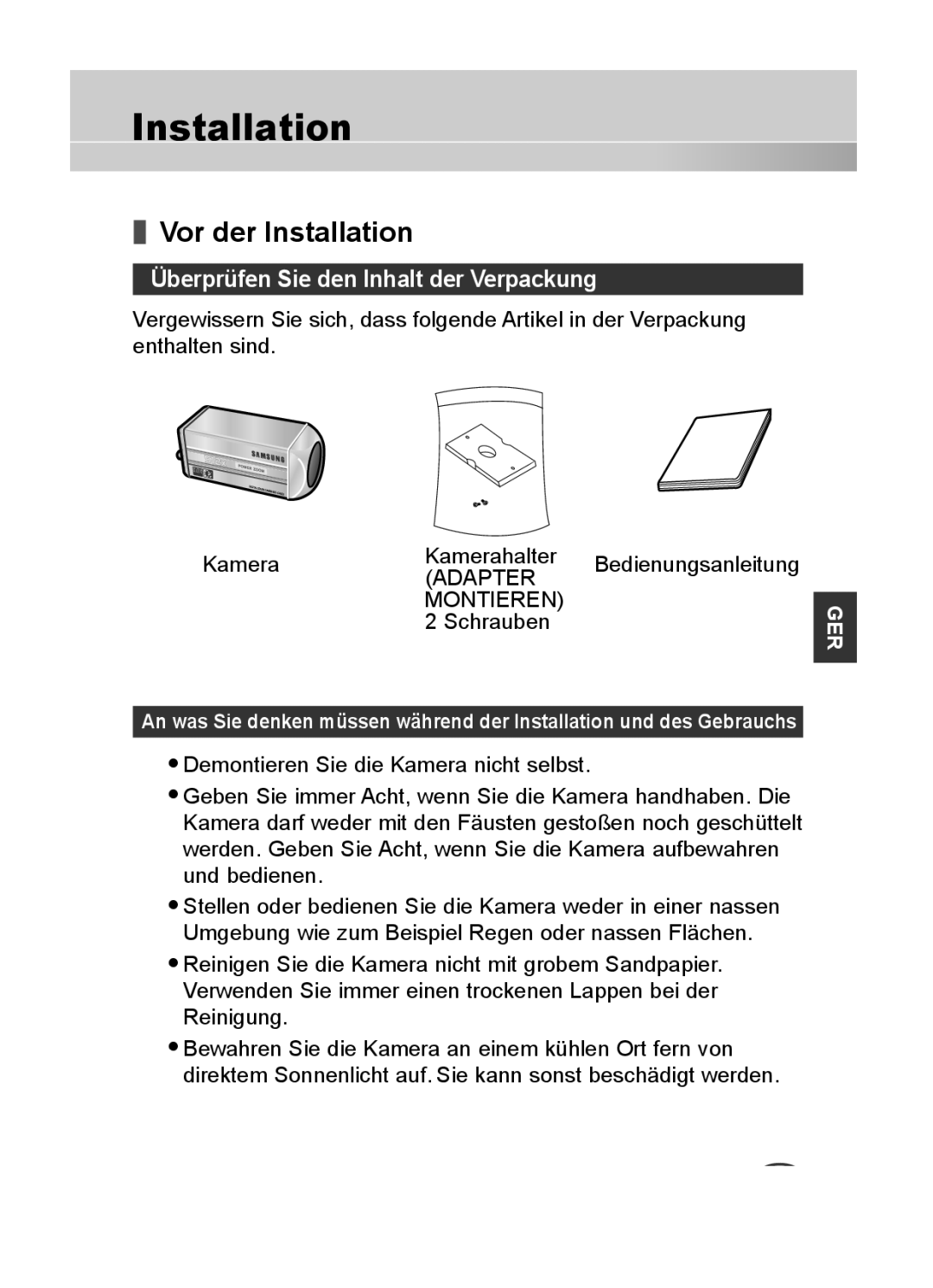 Samsung C4333(P), C4335(P), C4235(P) user manual Vor der Installation, Überprüfen Sie den Inhalt der Verpackung, Schrauben 