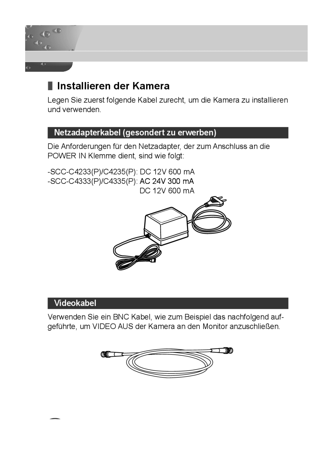 Samsung C4335(P), C4333(P), C4235(P) user manual Installieren der Kamera, Netzadapterkabel gesondert zu erwerben, Videokabel 