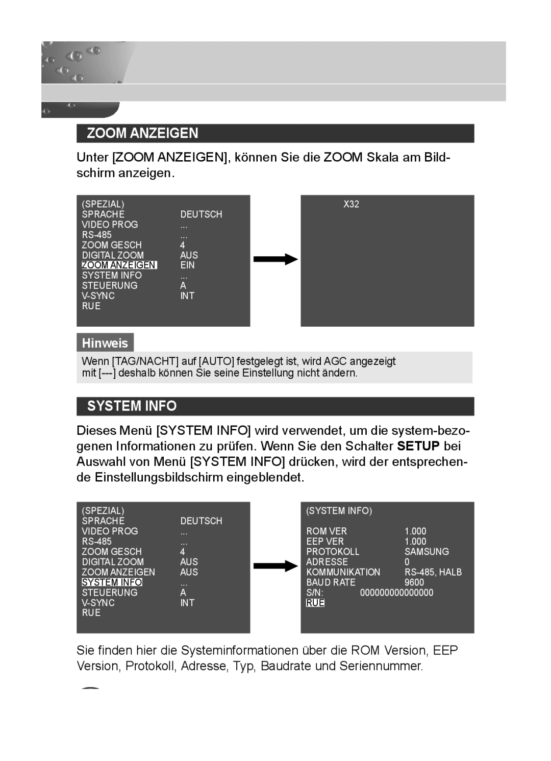 Samsung C4235(P), C4333(P), C4335(P) user manual Zoom Anzeigen, System Info 